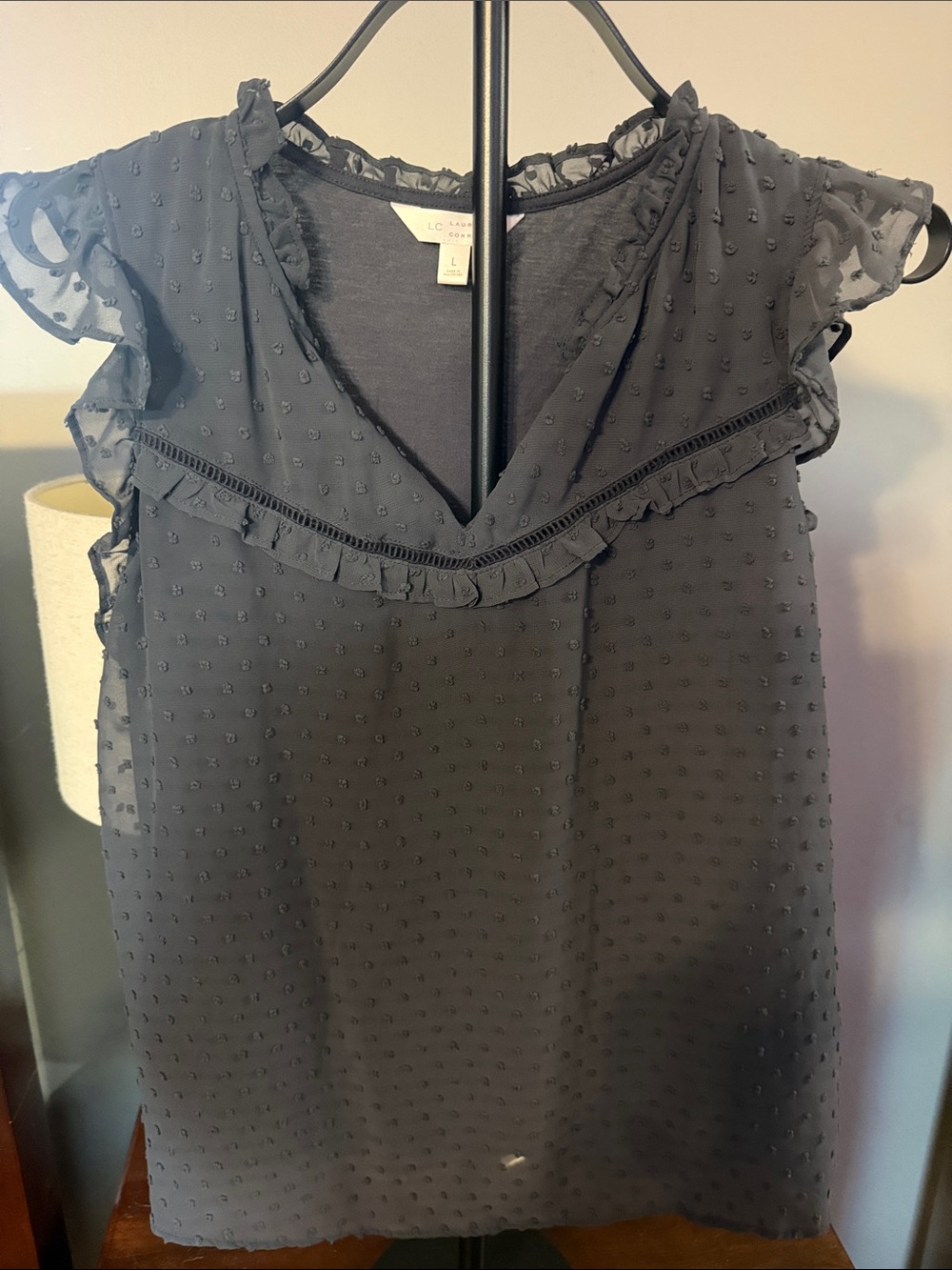 LC Lauren Conrad Black Swiss Dot Ruffle V-Neck Shell Top